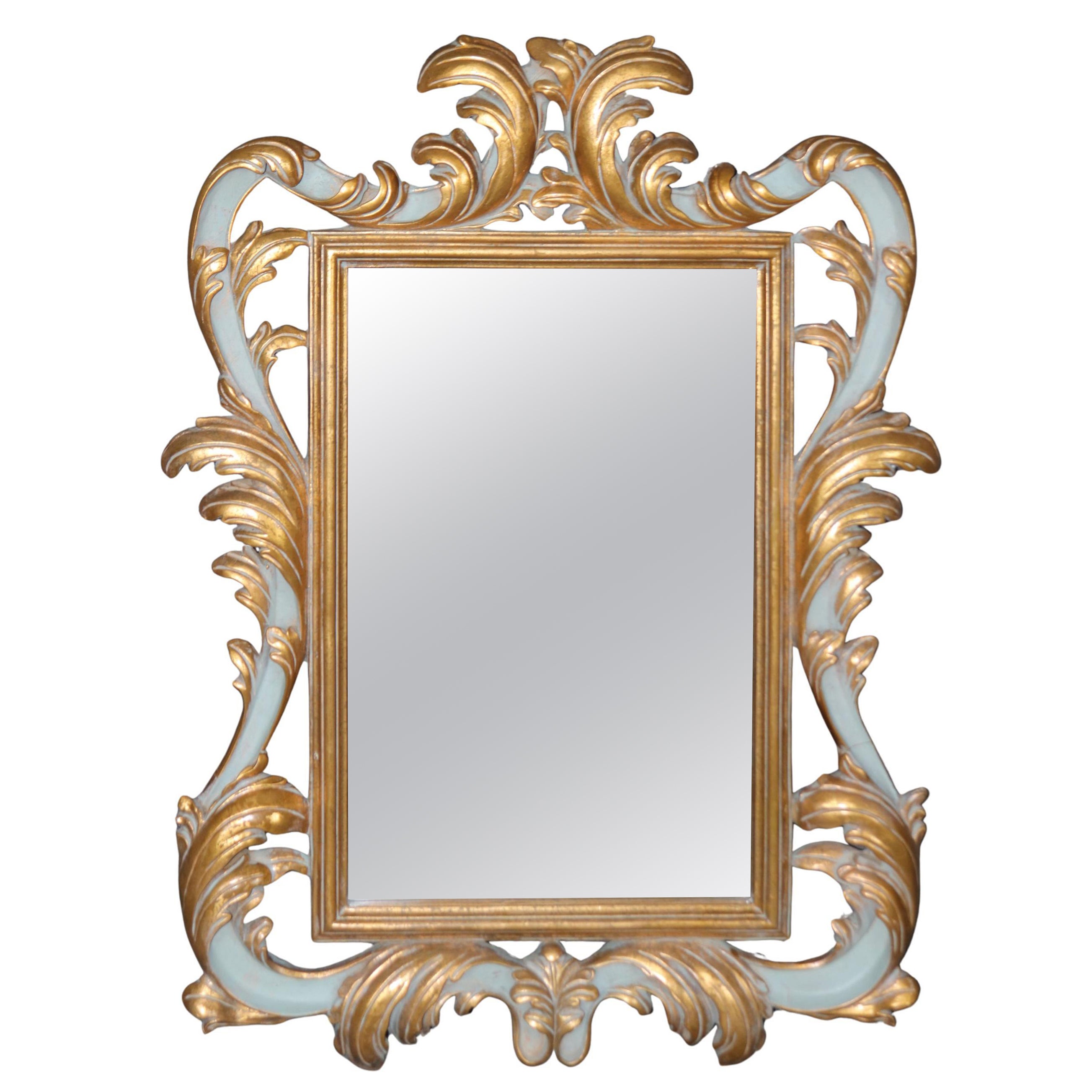 Vintage Italian Rococo Style Blue Paint Decorated and Gold Gilt Beveled Mirror