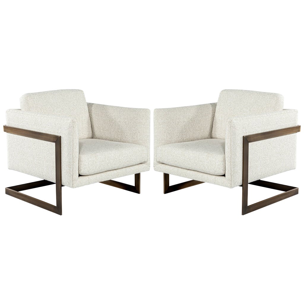 Pair of Custom Linen Lounge Chairs with Antiqued Brass Frames by Carrocel