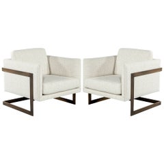 Pair of Custom Linen Lounge Chairs with Antiqued Brass Frames by Carrocel
