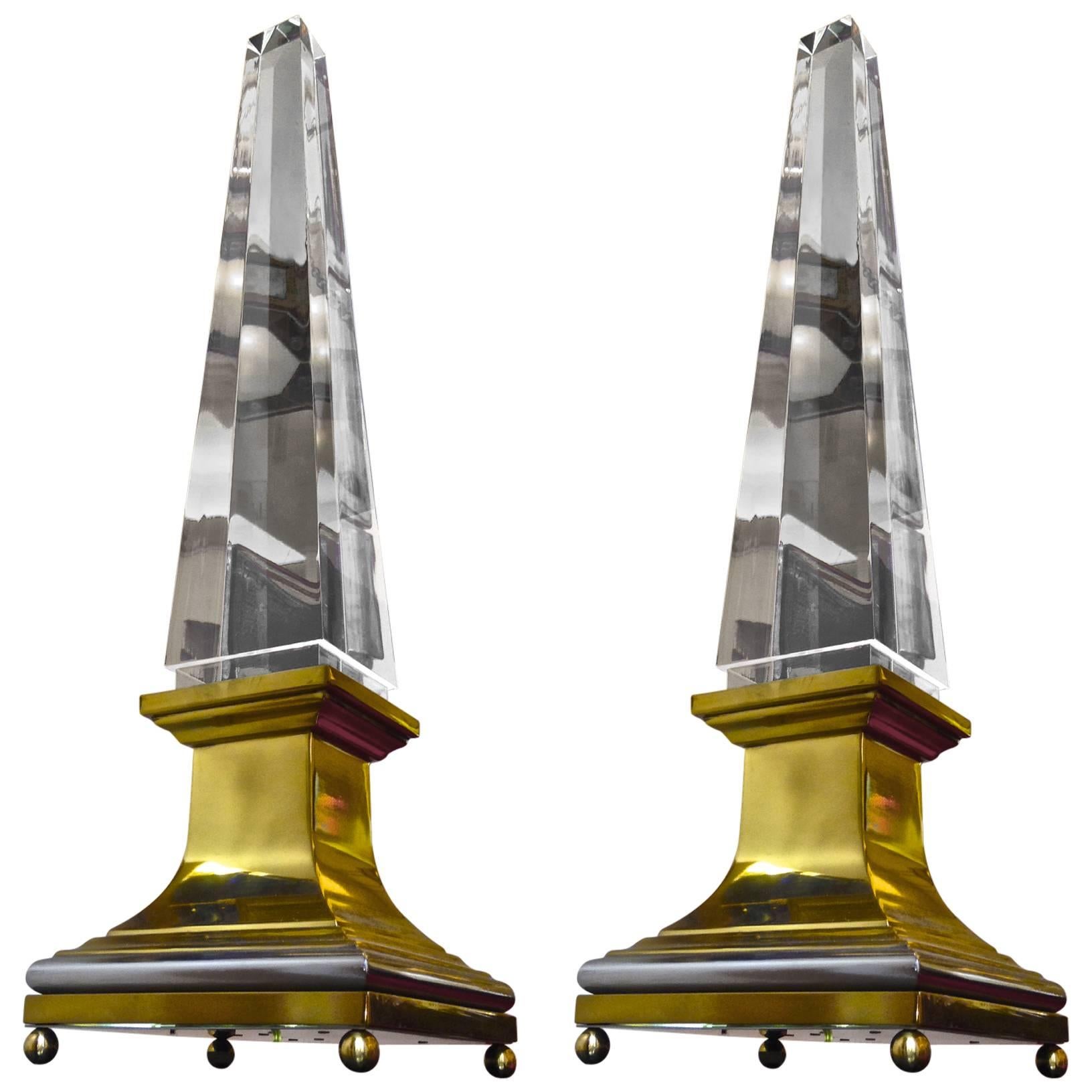 Spectacular Pair of Big Obelisk French Lucite Lighted Lamps on Gold Bronze Base For Sale