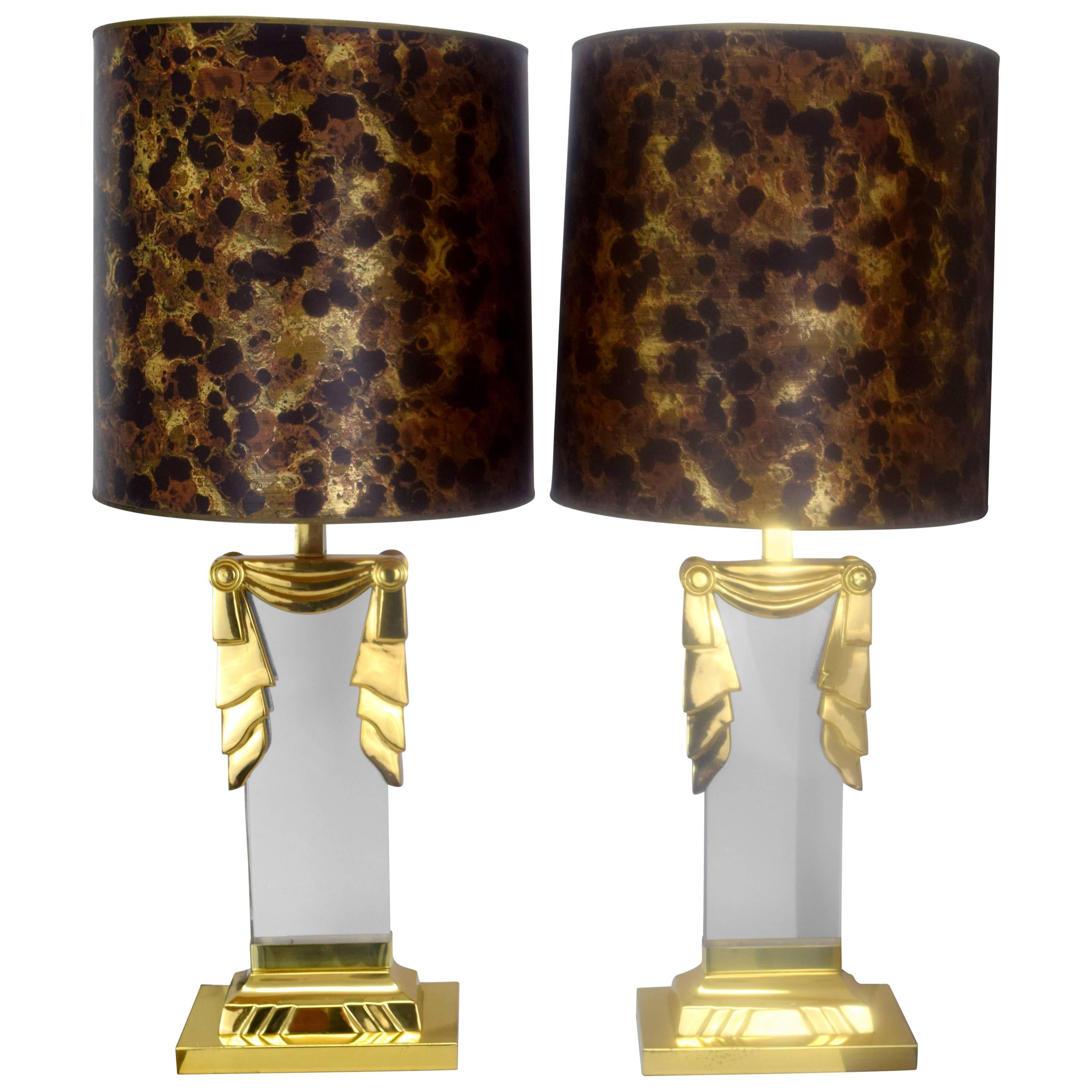 Hollywood Regency Lucite and Brass Lamps, Pair  For Sale