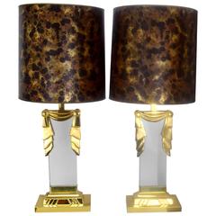 Hollywood Regency Lucite and Brass Lamps, Pair