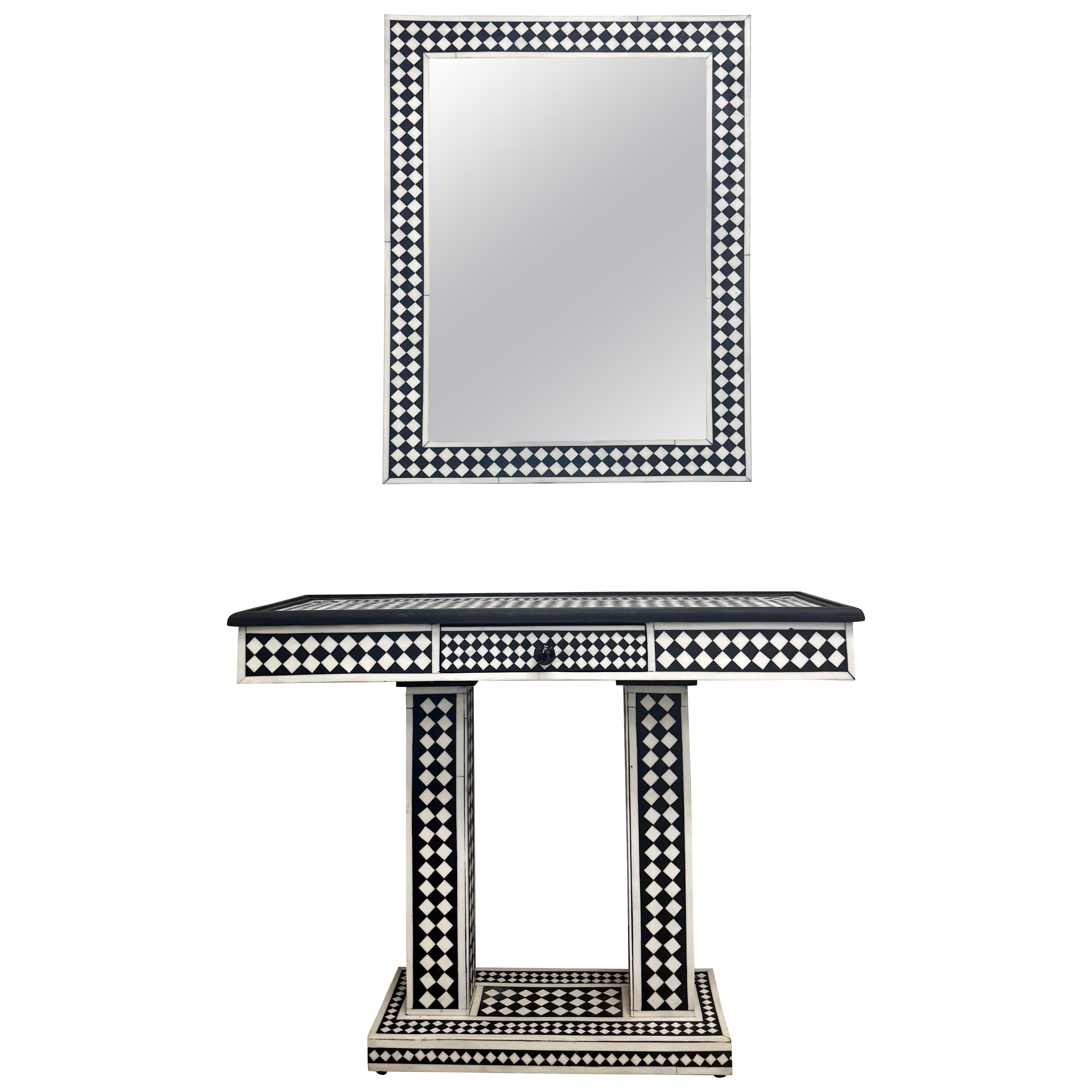 Art Deco Style Black & White Resin in Diamond design Mirror & Console, Set of 2
