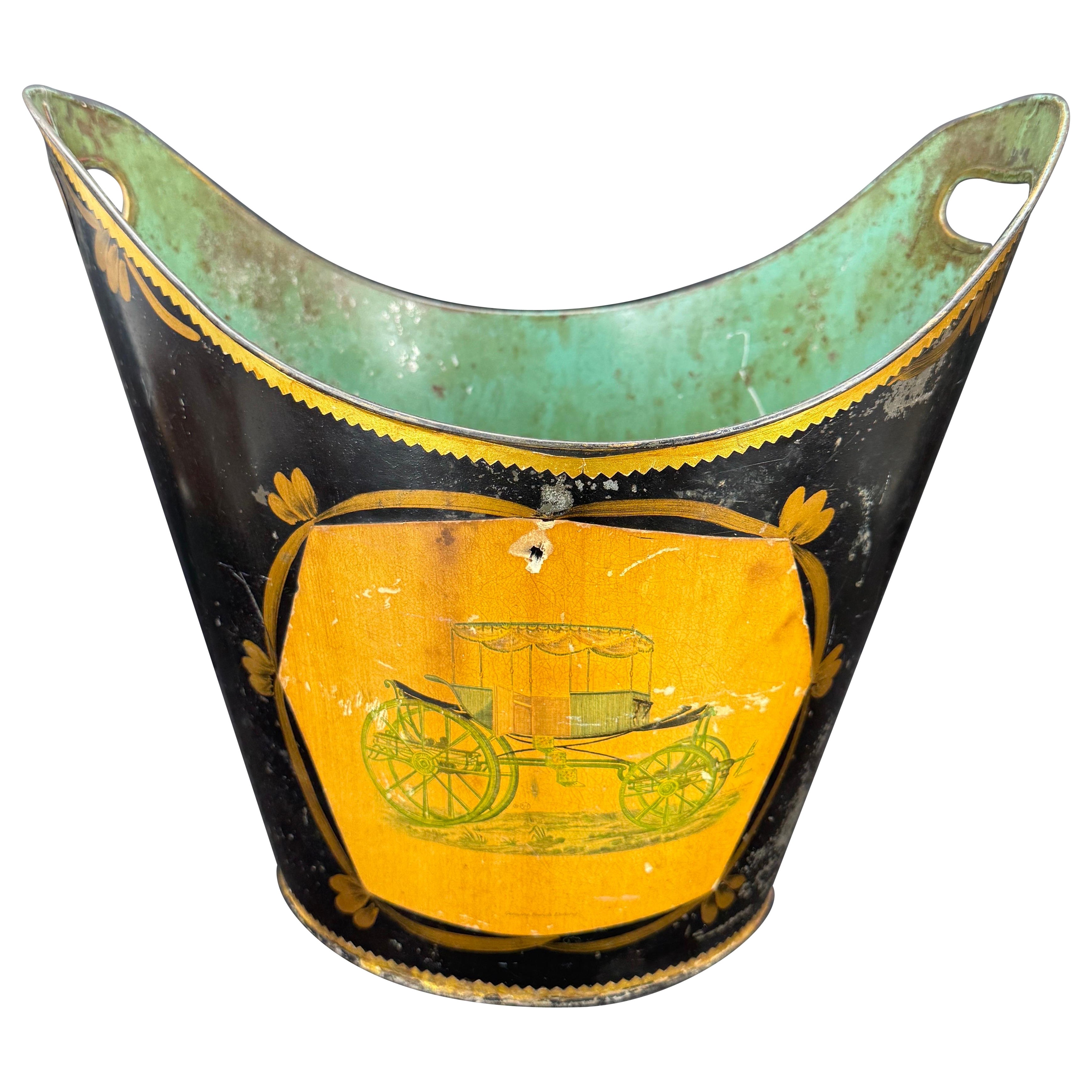 Early 20th Century Italian Black Toleware Bucket Bin Container
