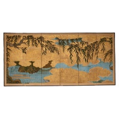 Japanese antique screen - EDO period - Willow over a stream