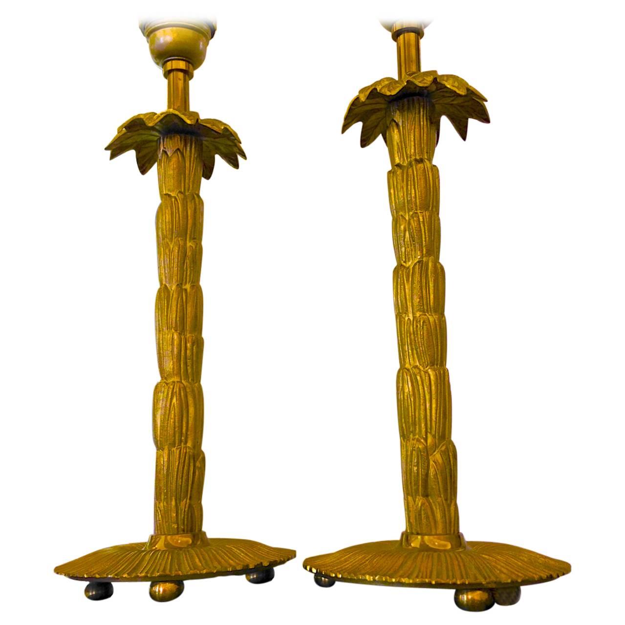 Maison Bagues Superb Pair Small Refined of Gold Bronze Palm Table Lamps 