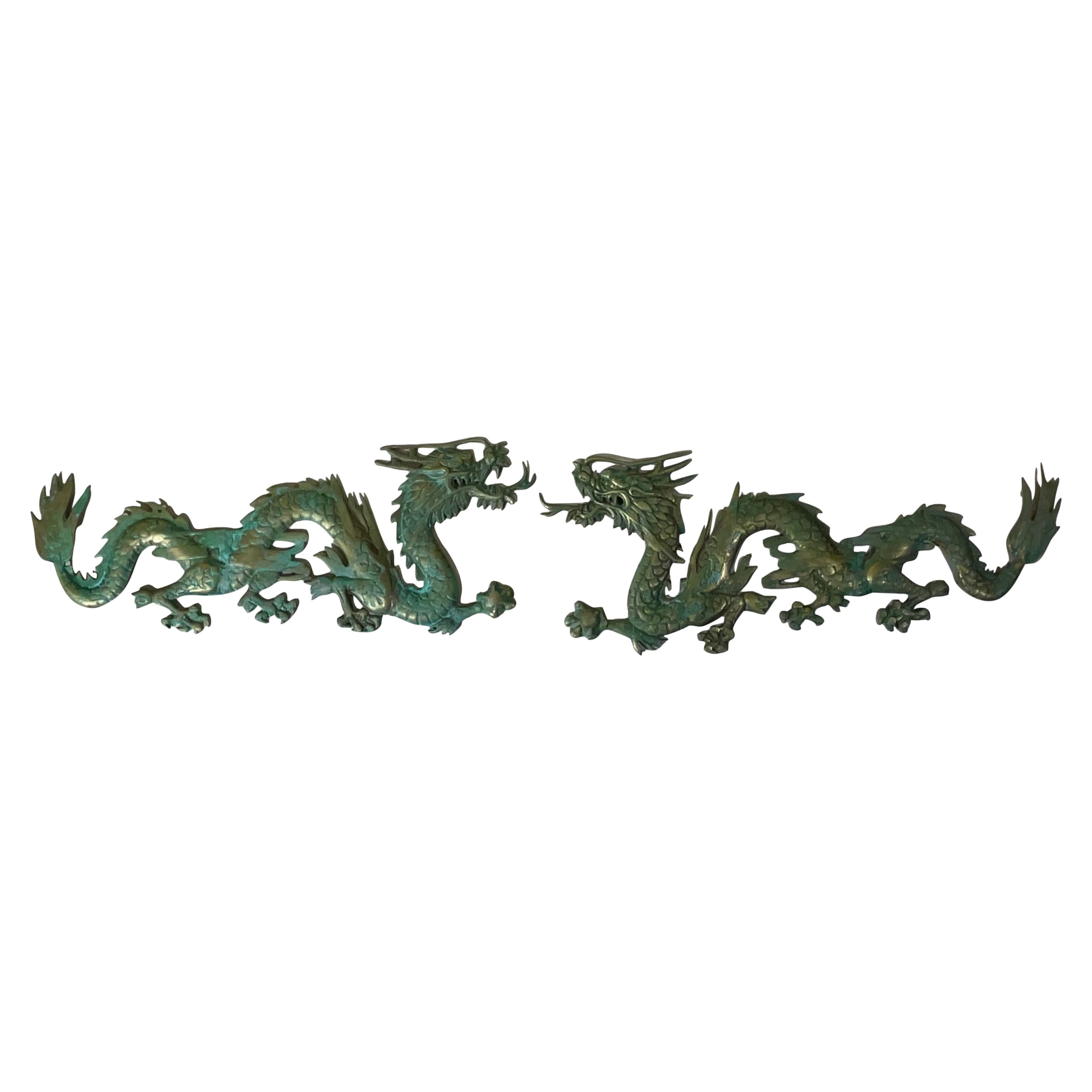 Vintage Pair of Ornate Brass Chinese Dragon Wall Hangings - Intricate Detail