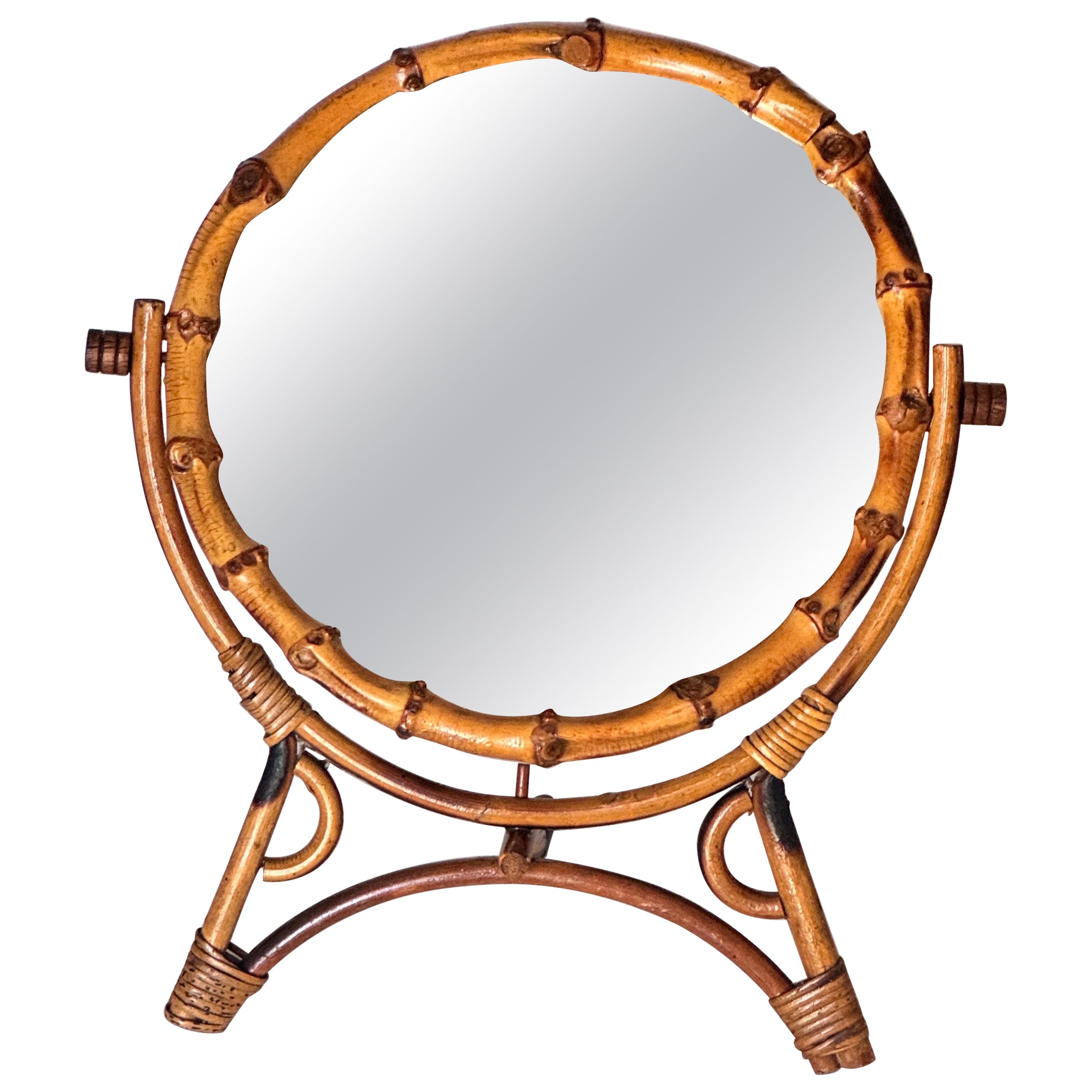 1960s French Riviera Tripod Table Mirror in Rattan, Adjustable Circular Design For Sale