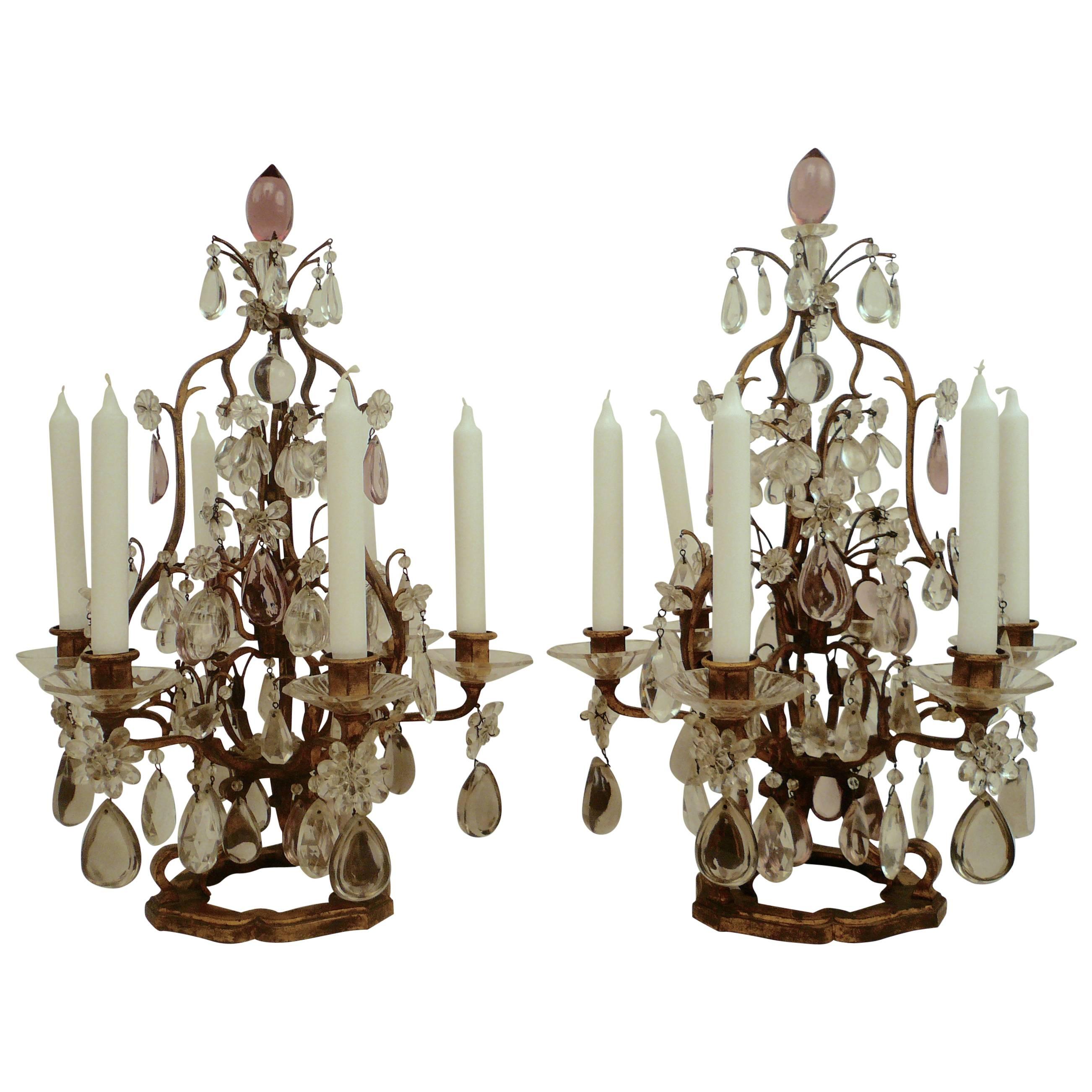 Pair Louis Style Gilt Iron And Cut Crystal Candelabra