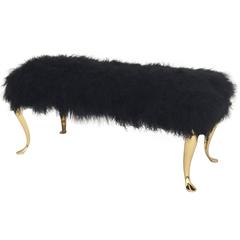 Glamorous Black Mongolian Fur Bench with Brass Legs