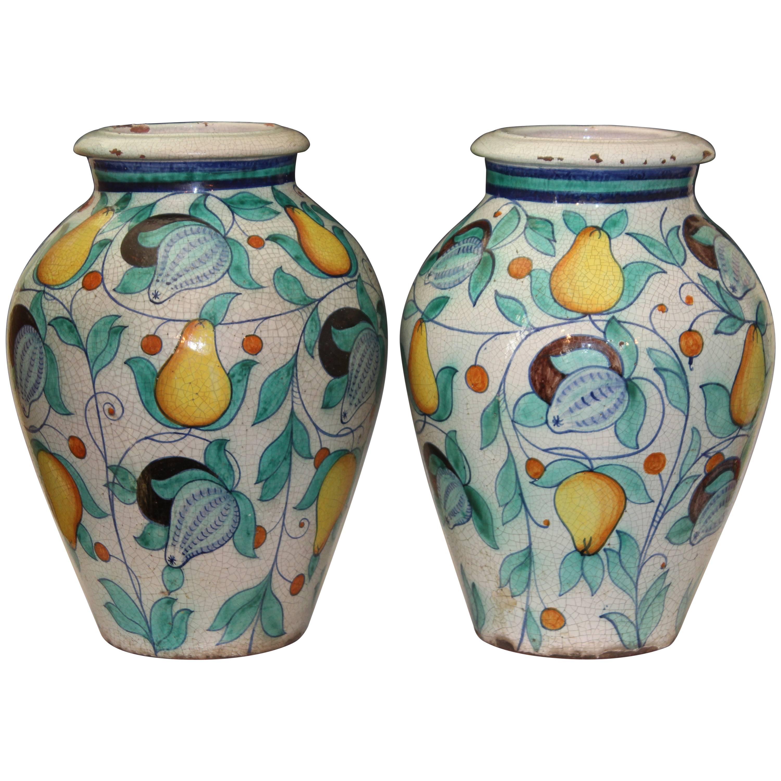 Large Pair Vintage Italian Pottery Faience Majolica Vases Urns Old Deruta 