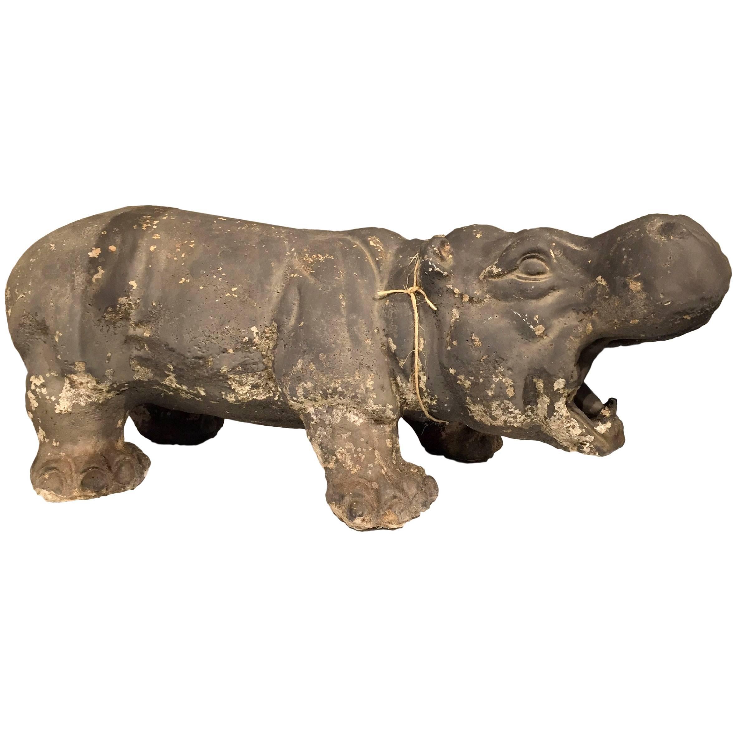 Vintage Cement Hippo Sculpture Animal Statue For Sale