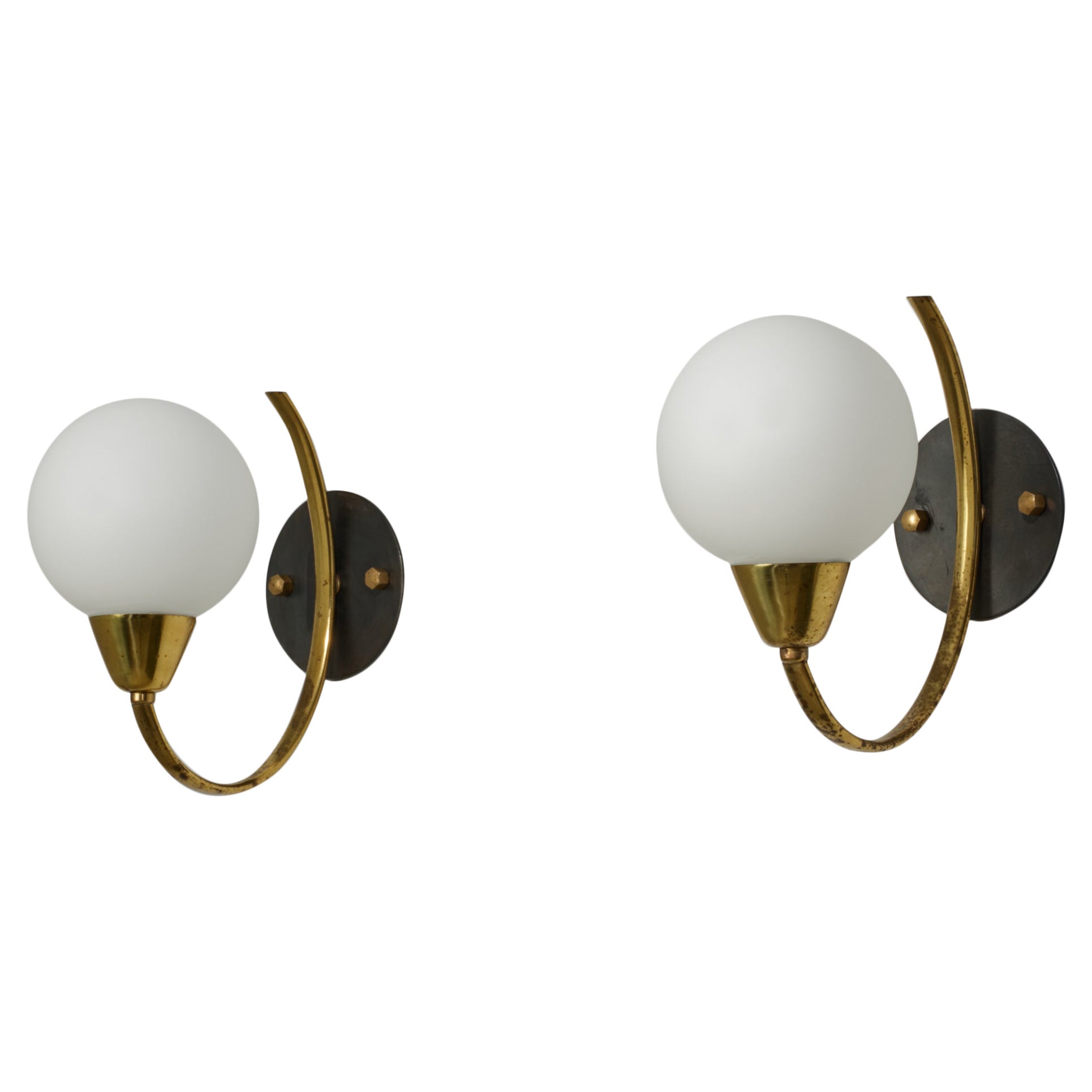 Pair of Italian Wall Sconces in Brass and Burnished Steel with Opaline Glass