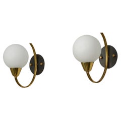 Pair of Italian Wall Sconces in Brass and Burnished Steel with Opaline Glass
