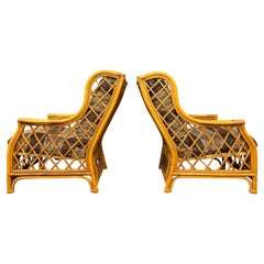 Paar Rattan-Loungesessel aus der Mitte des Jahrhunderts mit traditioneller portugiesischer Polsterung