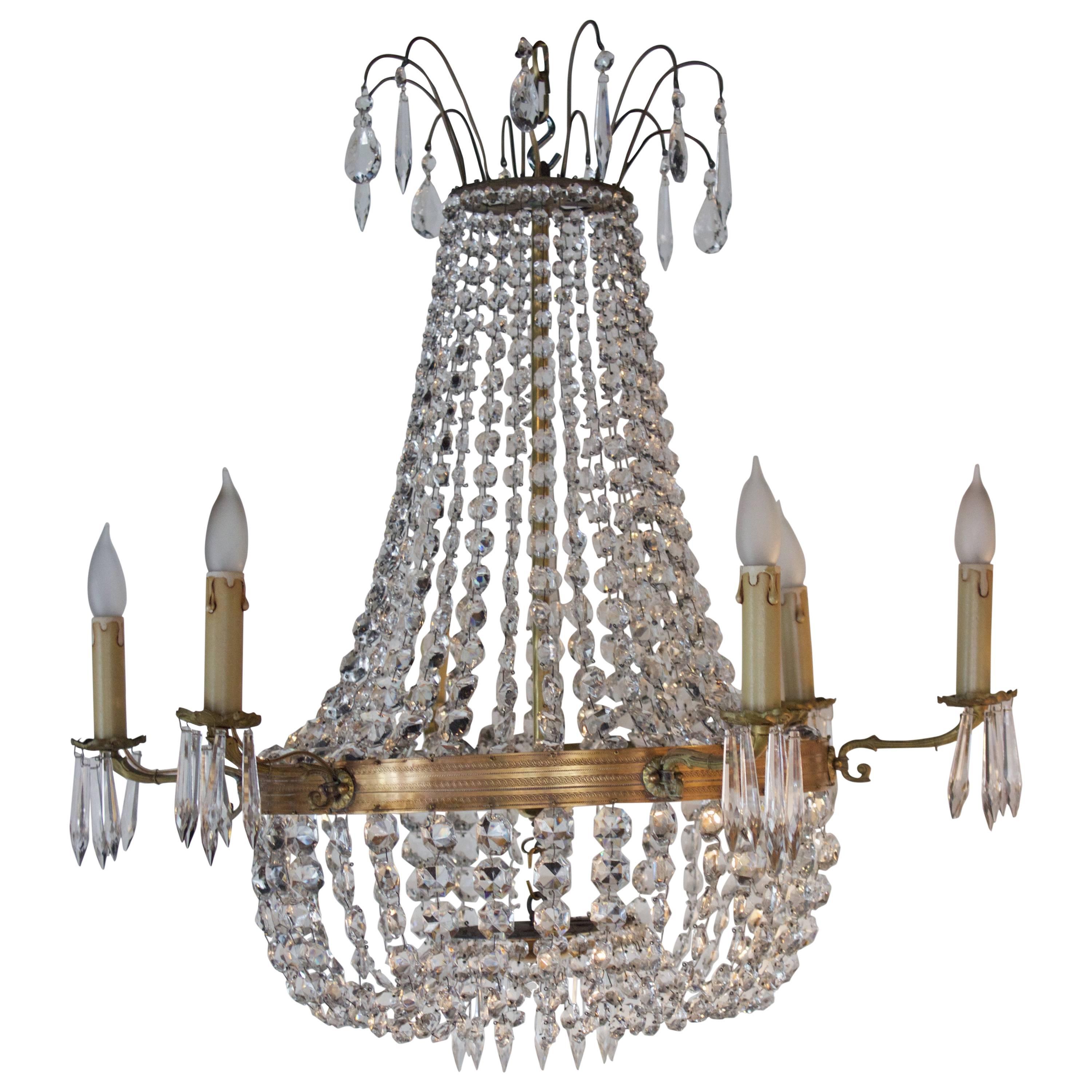 19th Century Empire Style Six Arm Crystal and Bronze Chandelier
