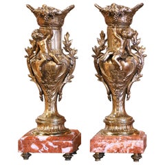 Pair 19th Century French Gilt Spelter Vases on Marble Bases with Vine Motifs