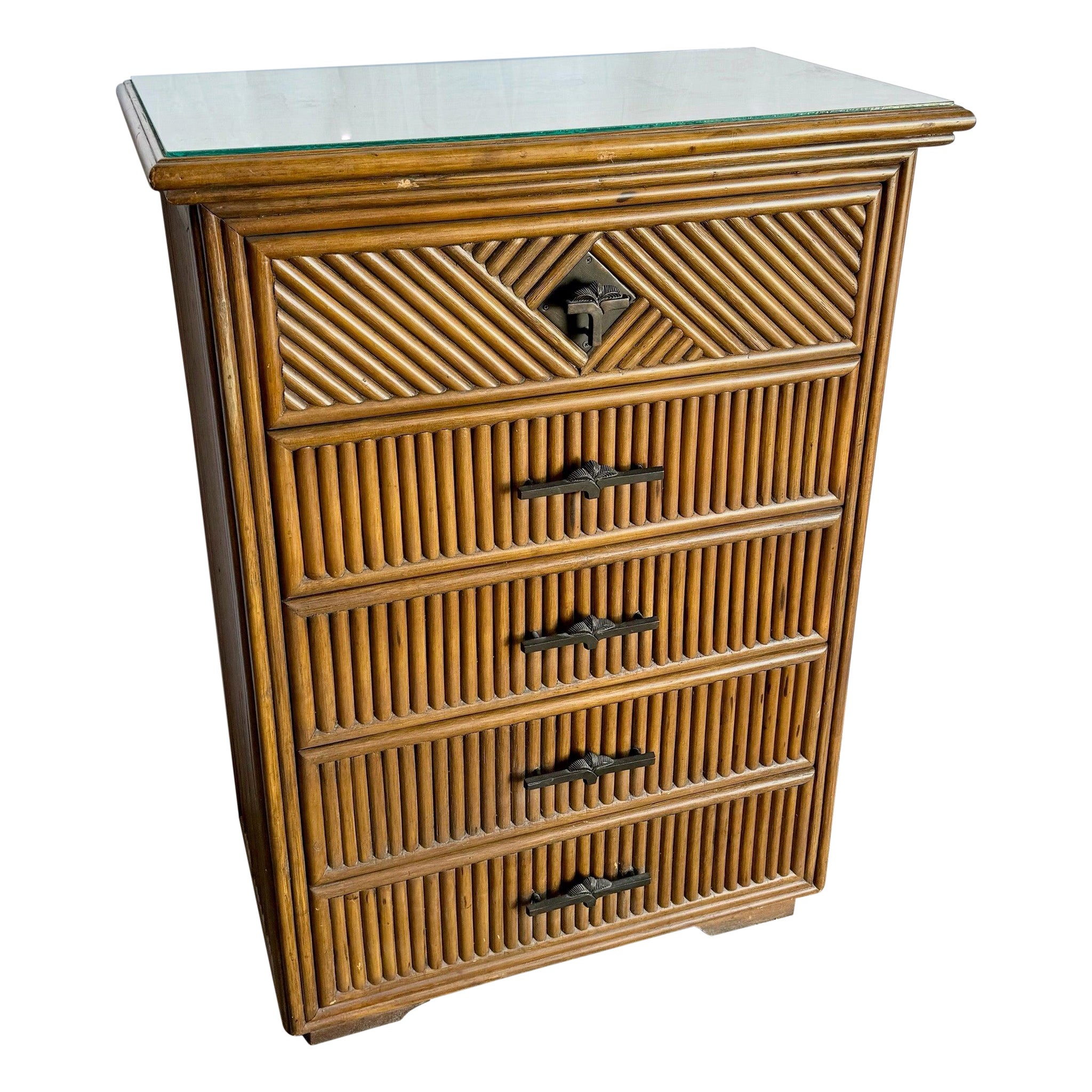Coastal Boho Rattan Highboy Dresser With Glass Top