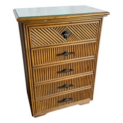 Commode haute en rotin Boho côtier avec dessus en verre