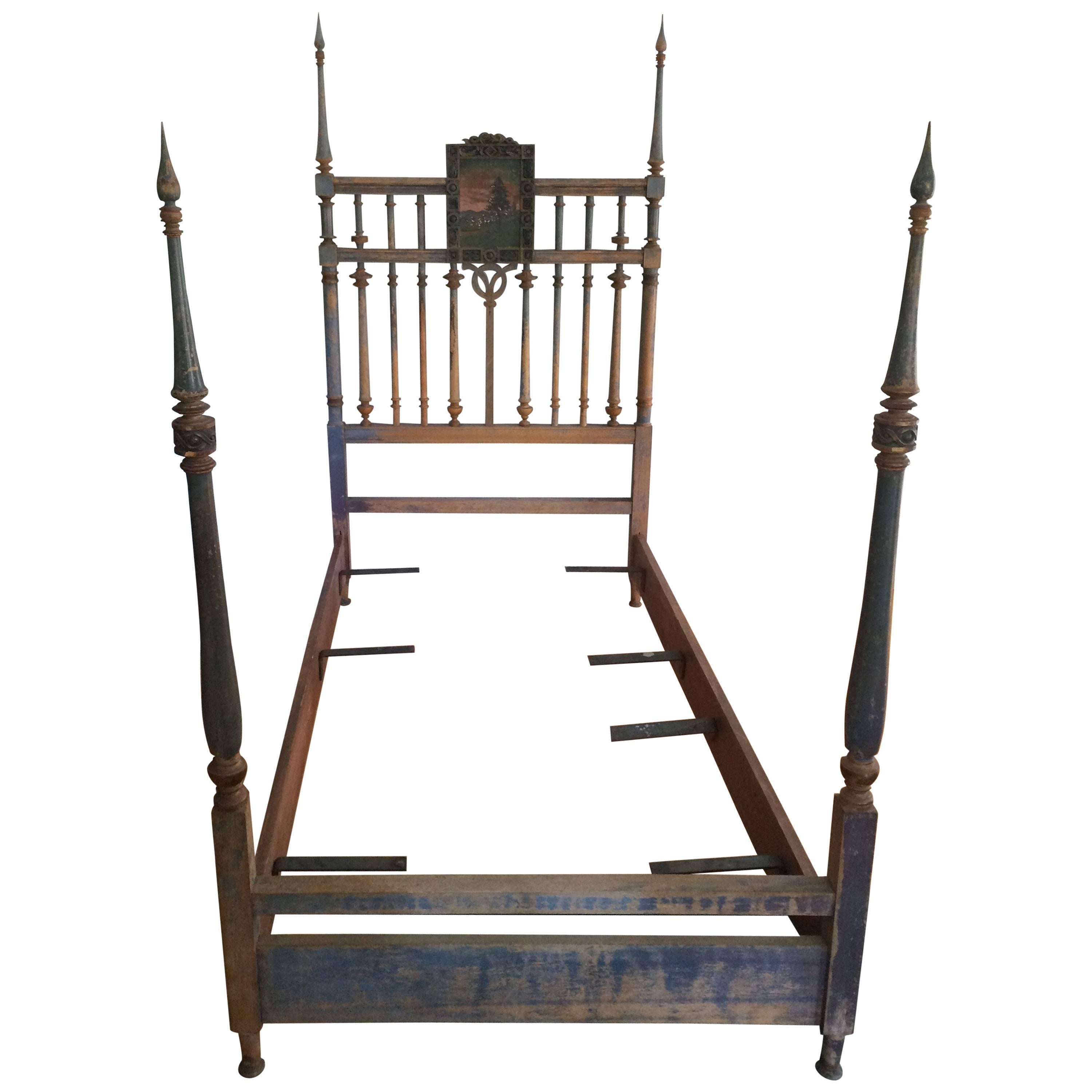 This is a rare and beautiful example of a 19th century European twin bed with hand-painted headboard... this piece is a beautiful addition to any guest room or would also be stunning in a main room of the home as a daybed.

This bed has a new twin
