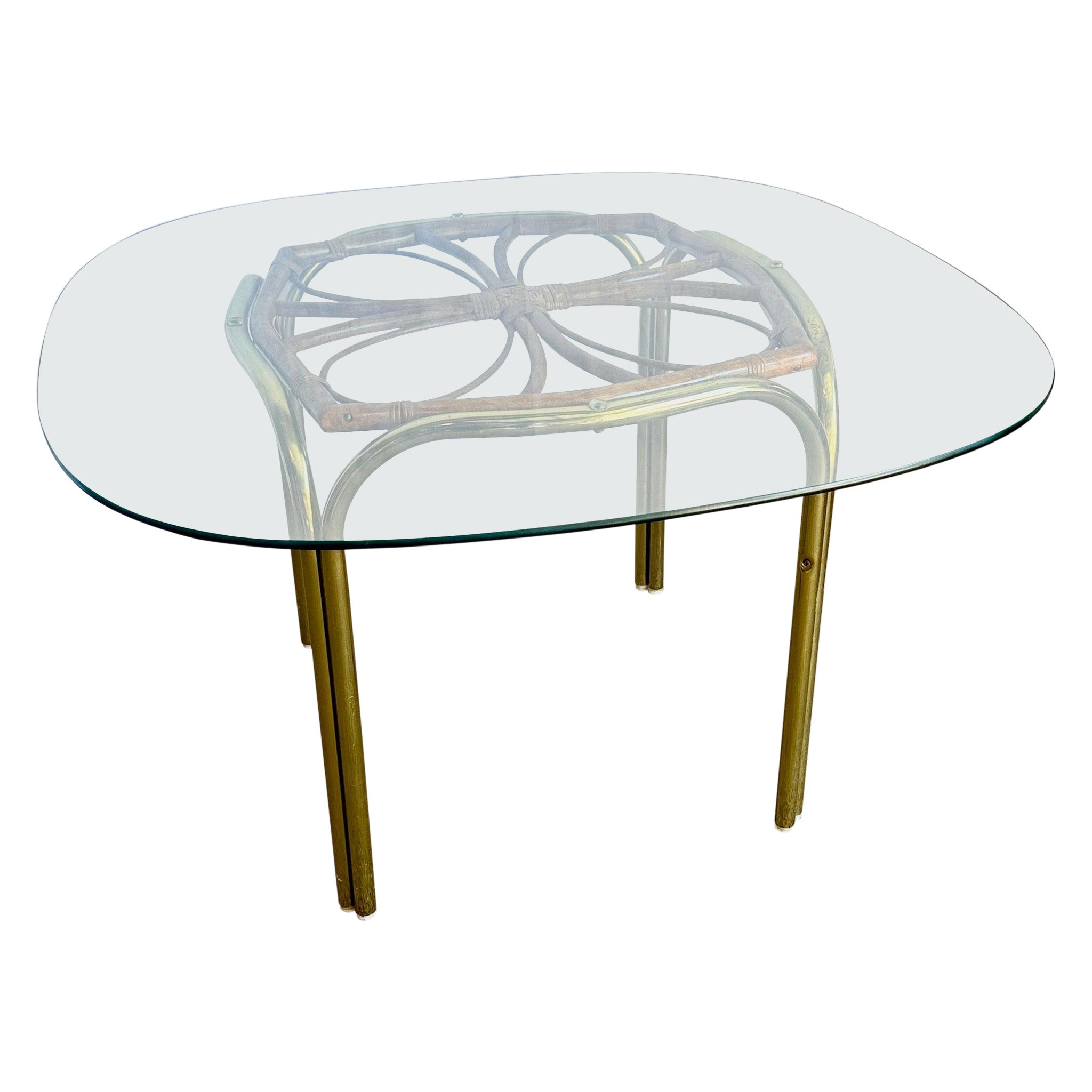 Vintage Boho Gold and Rattan Glass Top Dining Table