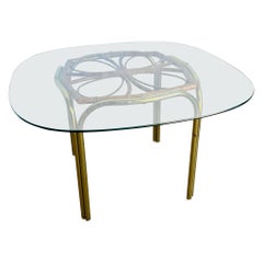 Vintage Boho Gold and Rattan Glass Top Dining Table