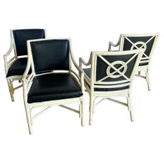 Coastal Boho Target Back Rattan Dining Arm Chairs, McGuire Style - Set of 4