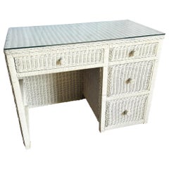 Coastal White Wicker Glass Top Desk