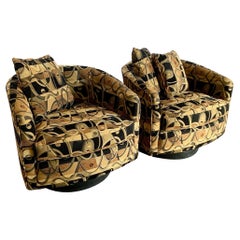 Postmodern Tan Brown and Back Swivel Barrel Chairs
