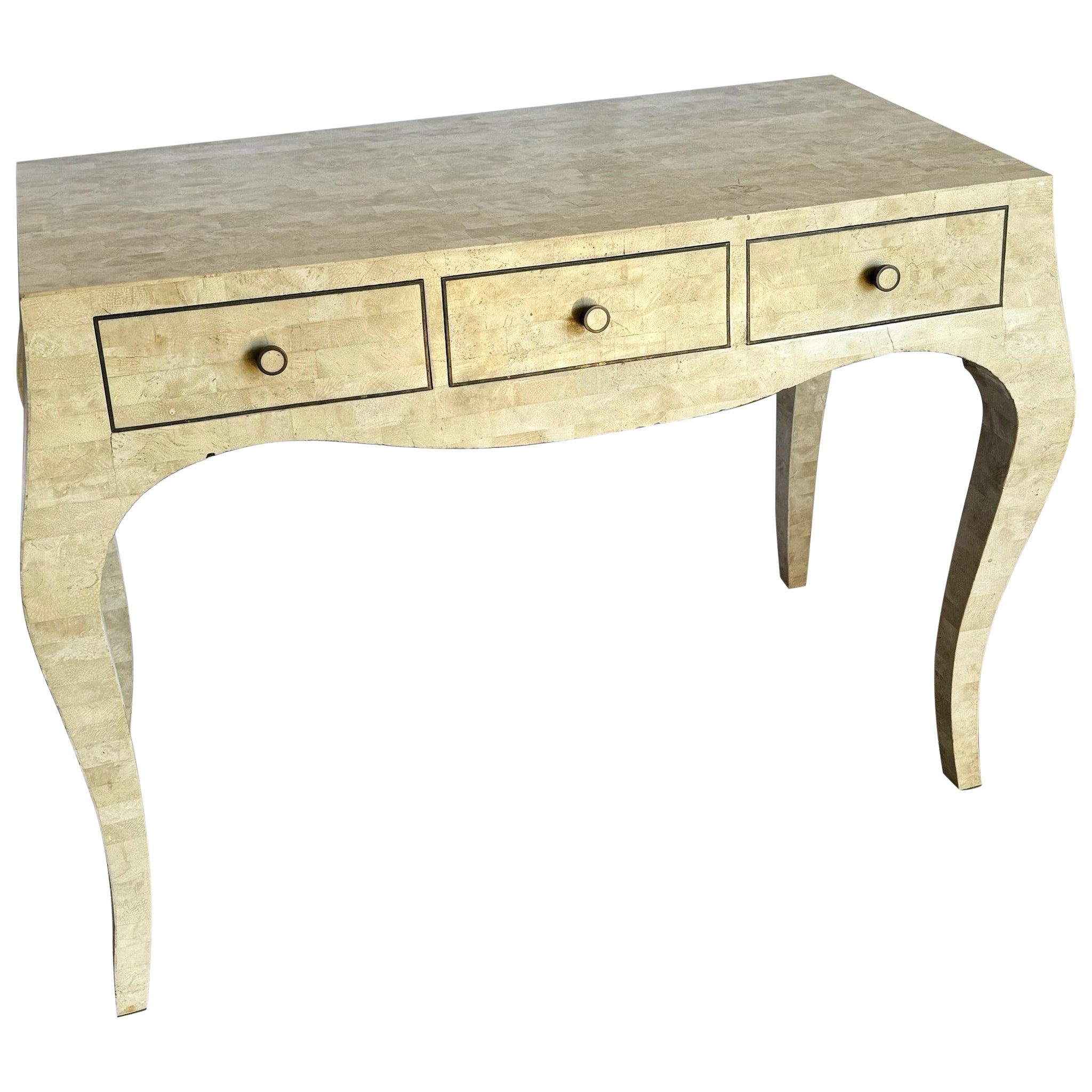 Maitland Smith Style Polished Tessellated Stone Desk With Brass Inlay