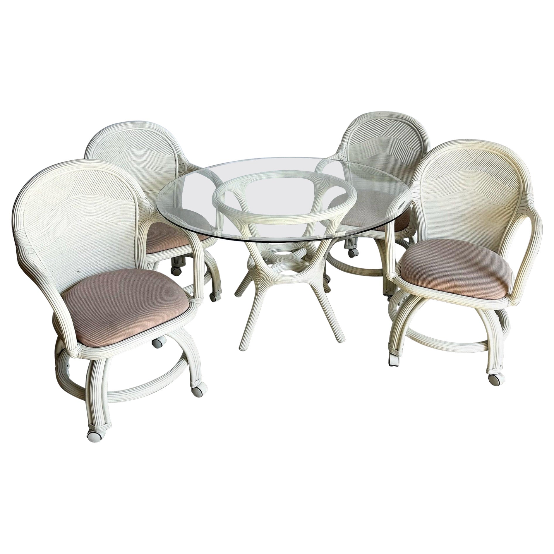 Boho Chic White Wavy Pencil Reed Swivel Chair Dining Chairs - Set of 4