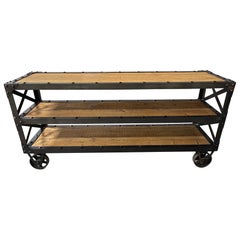 Industrial Three Shelf Metal and Wood Console on Casters, 21st Century
