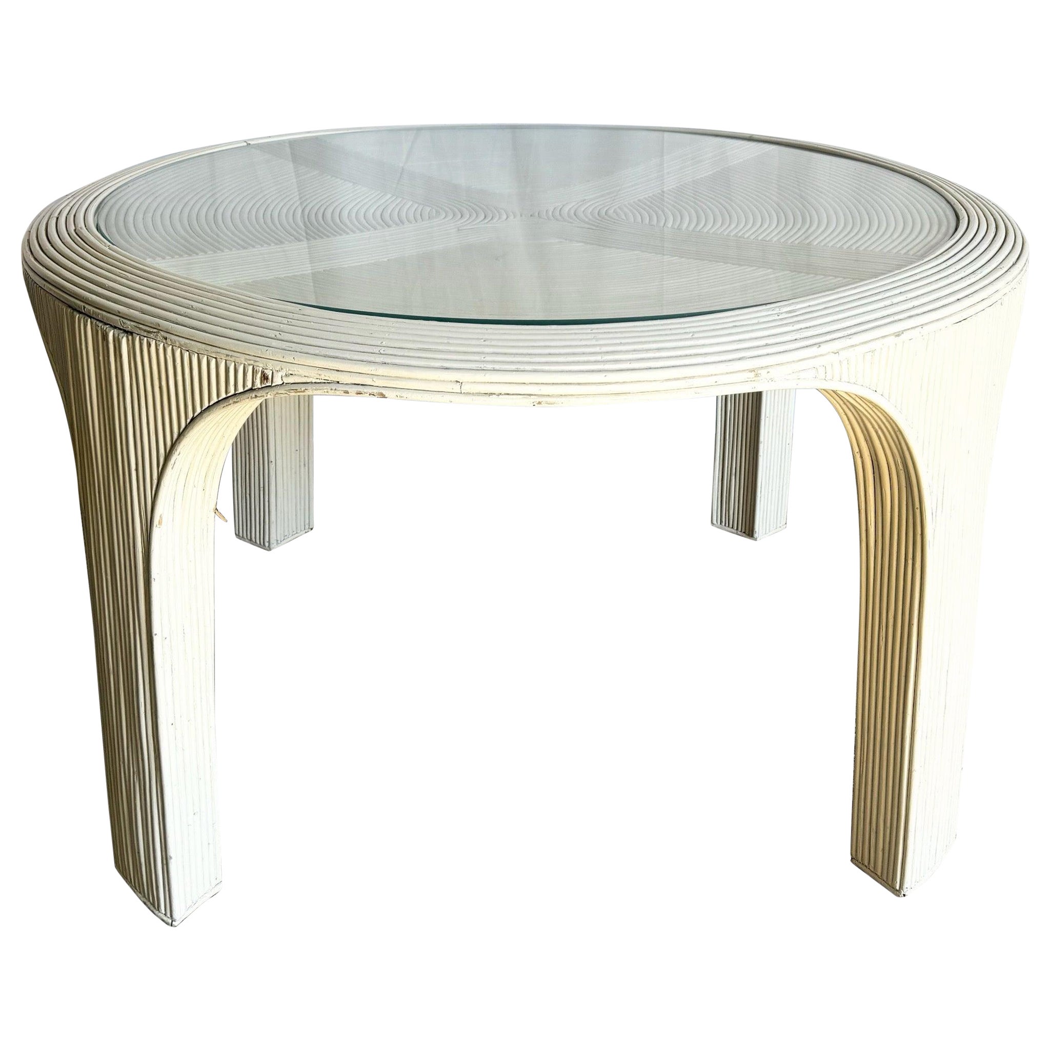 Boho Chic White Pencil Reed Circular Inlaid Glass Top Dining Table