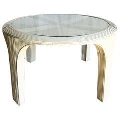 Boho Chic White Pencil Reed Circular Inlaid Glass Top Dining Table