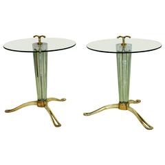 Pair of Fluted Murano Glass on Pierced Brass Tripod Based Side Tables circa 1958