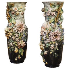 Rare Pair of Monumental French Gros Relief Barbotine Vases by Lefront Circa 1875
