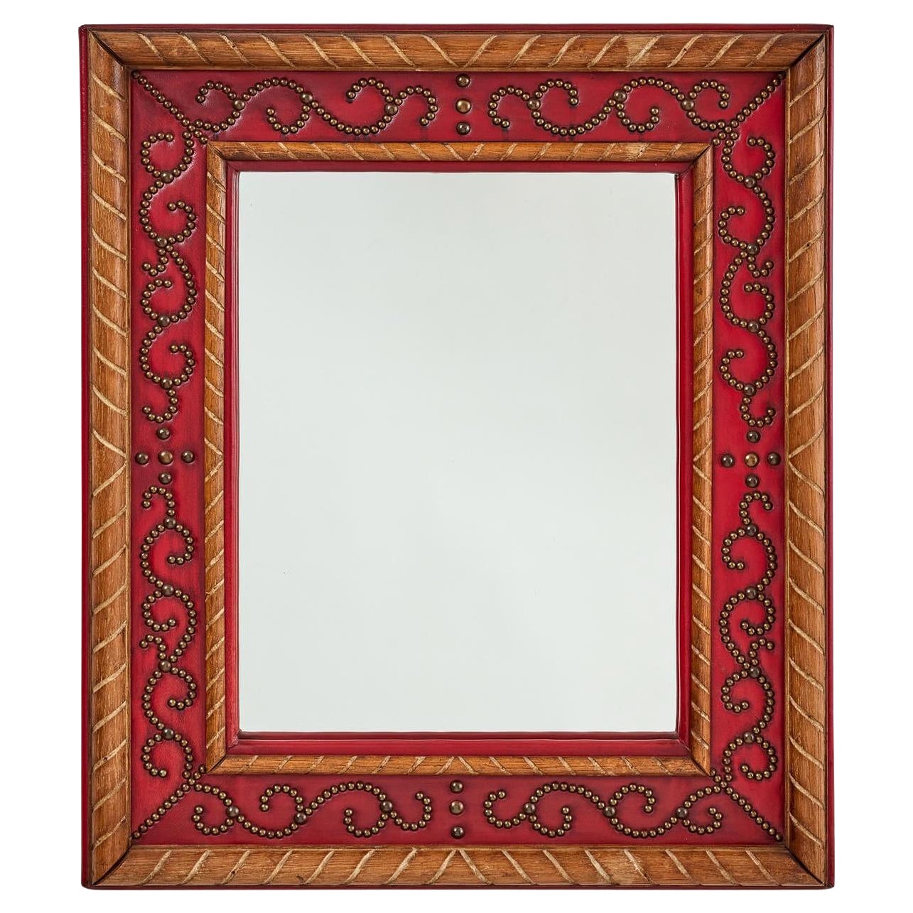 Uno specchio moderno svedese in Oak e pelle rossa con chiodi perlati in vendita