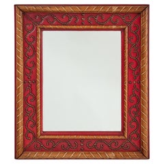 Miroir moderne suédois en chêne et cuir rouge avec clous perlés