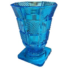 Art Deco Aqua Blue Leaded Glass Checkered Geometric Pedestal Vase
