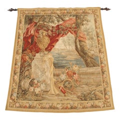 A French Tapestry of a Rich Floral Landscape with Red Drapery and Urn, 20th C.