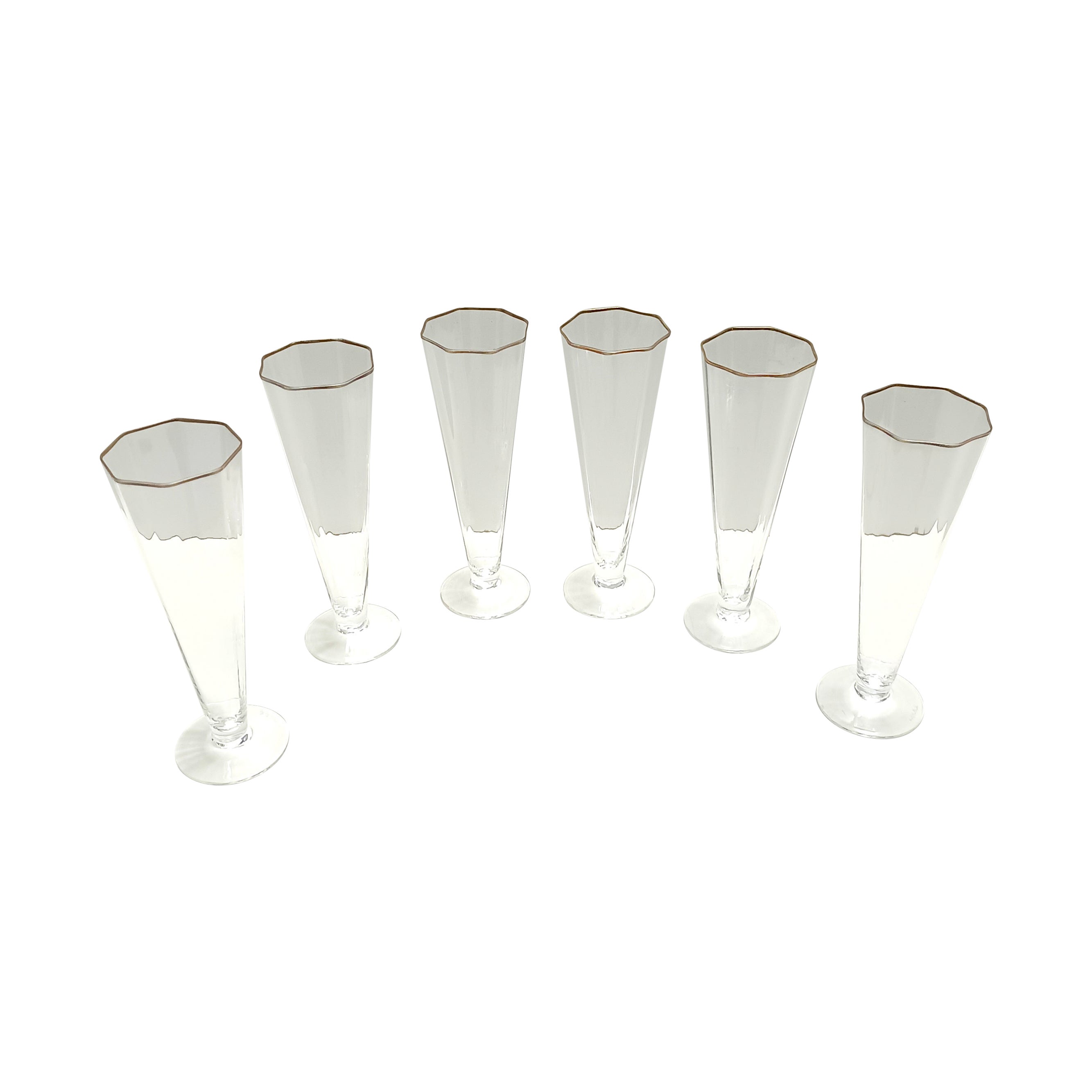 Set of Six Octagonal Hand Blown Murano Glass Flutes by Carlo Moretti, Italy
