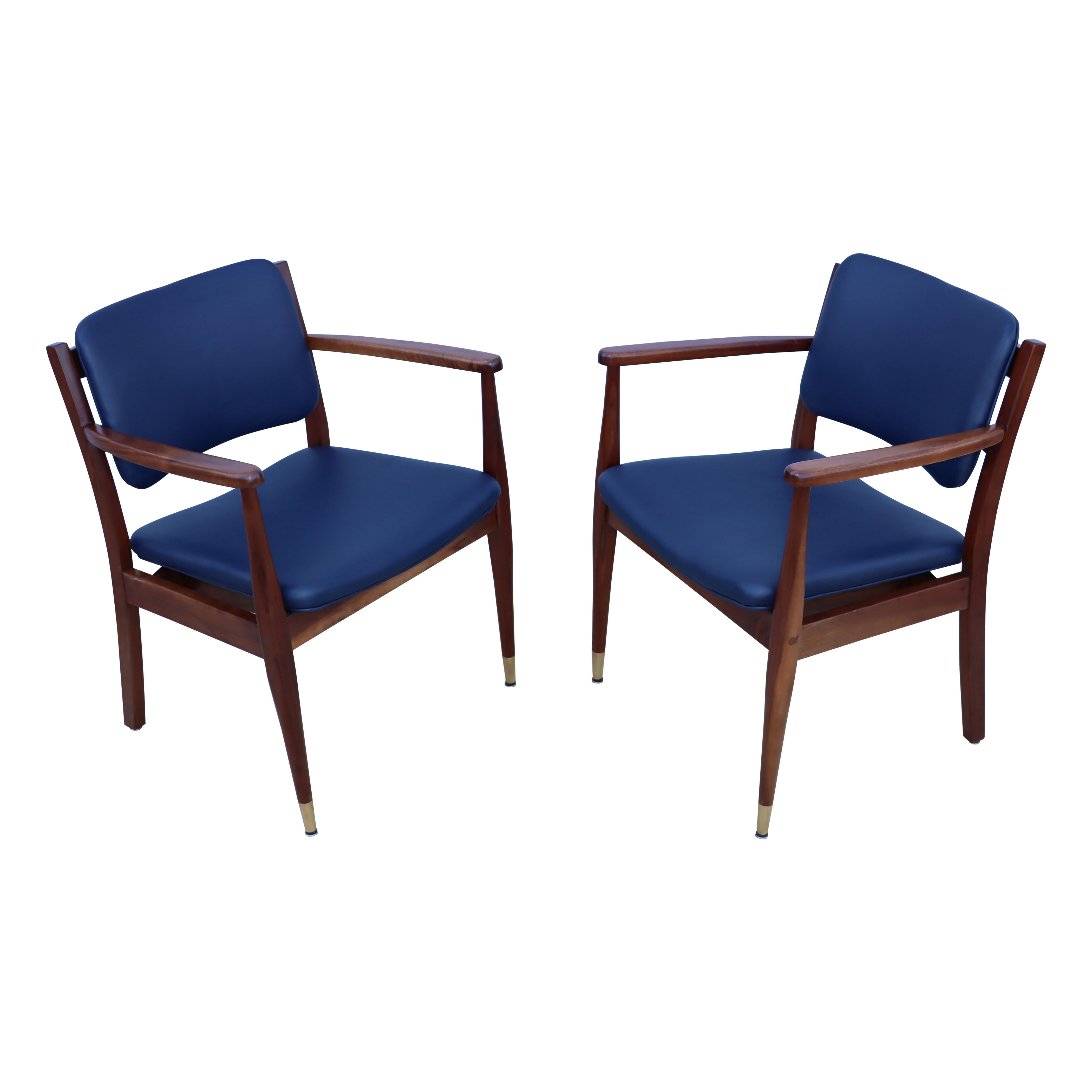 1960's Walnut Armchairs With Blue Leather Upholstery