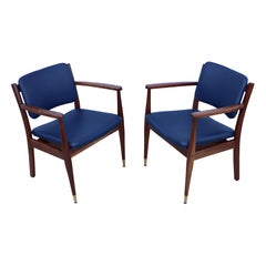 1960's Walnut Armchairs With Blue Leather Upholstery