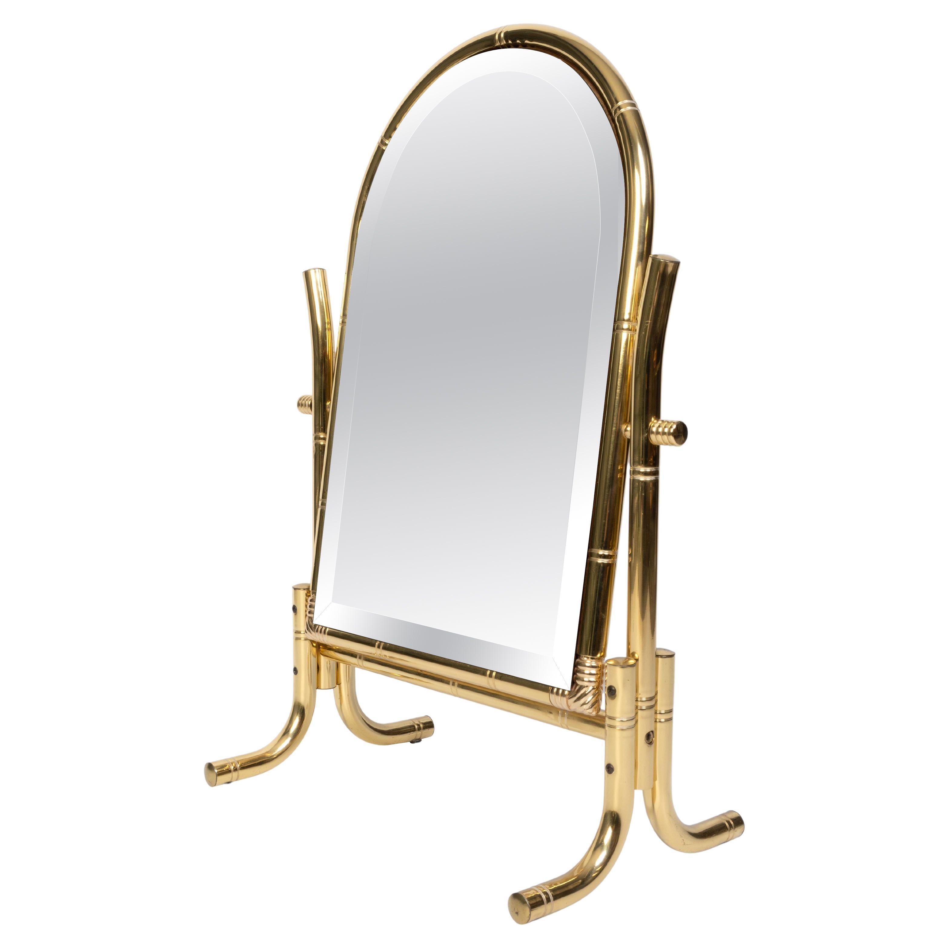 Mid Century Italian Brass Faux Bamboo Vanity Table Mirror C.1970