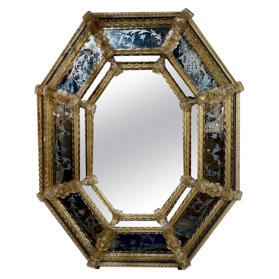 Vintage Etched Murano Glass Venetian Style Octagonal Mirror