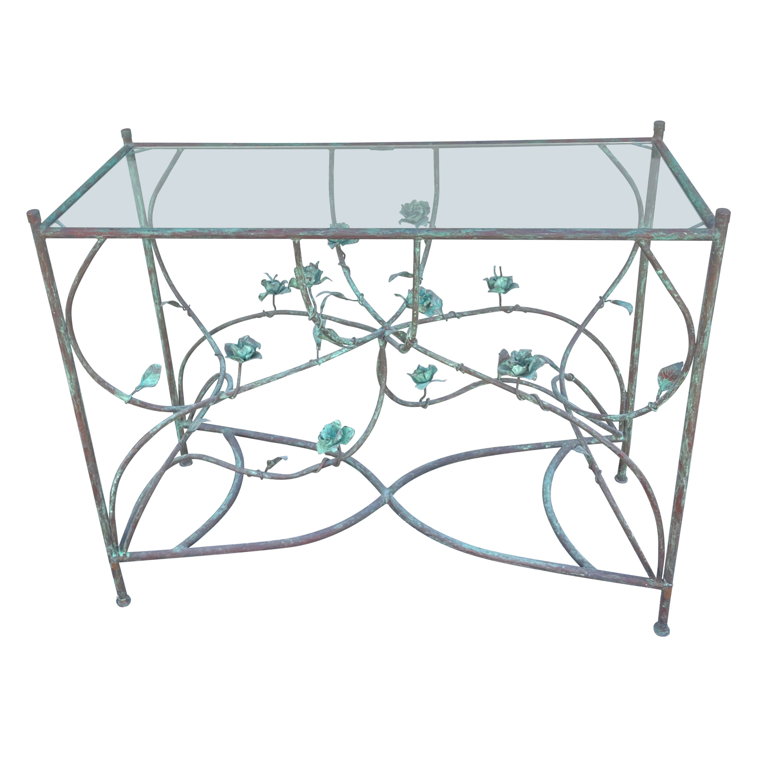 Giacometti Style Copper Verdigris Vine & Flowers Console For Sale