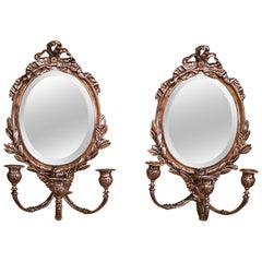 Pair of 19th Century French Louis XVI Bronze Wall Mirrors with Candle Holders