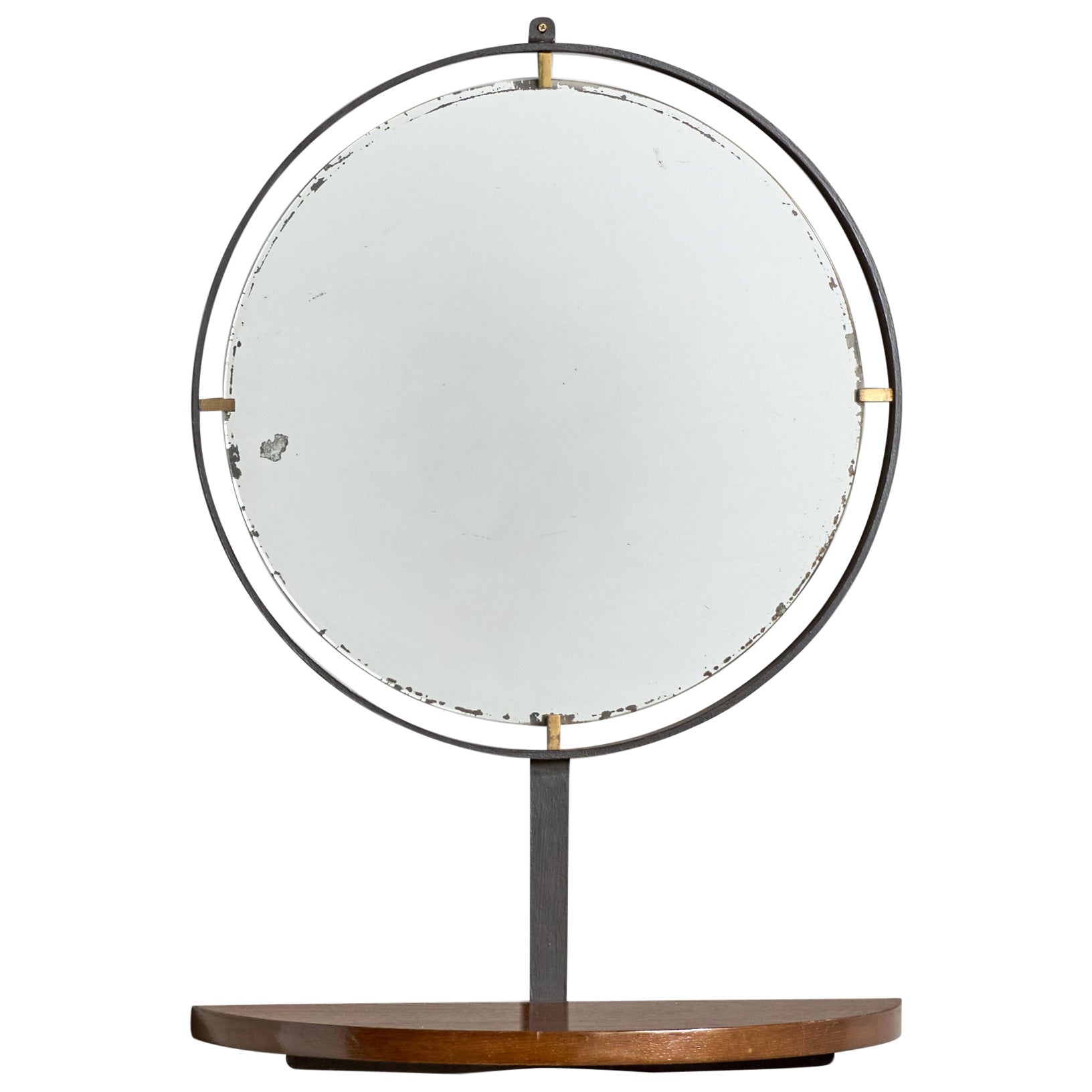 Italian Designer, Wall Mirror with Shelf, Oak, Metal, Brass, Italy, 1950s For Sale