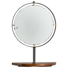 Diseñador italiano, Espejo de pared con repisa, Roble, Metal, Latón, Italia, Años 50
