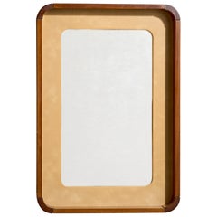 Specchio da parete di design italiano, Wood, Pelle, Italia, anni '1970